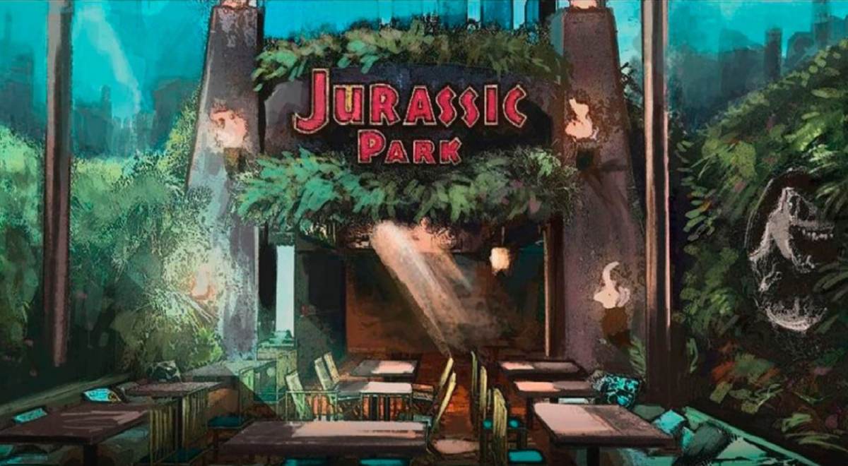 Modelo do icônico portal do filme de Jurassic Park recriado na hamburgueria paulistana.