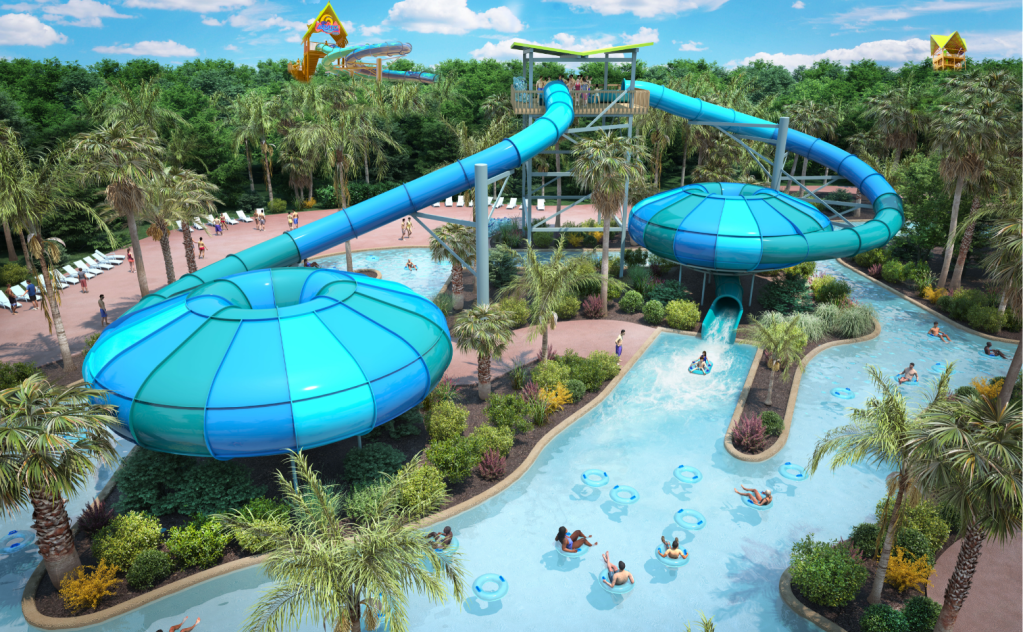 Projeção de dois toboáguas azuis e uma piscina no parque Aquatica Orlando, nos Estados Unidos