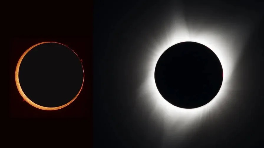 Fotos de um eclipse anular (à esquerda) e um eclipse solar total (à direita)