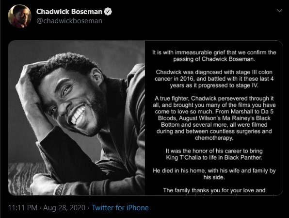 Família de Chadwick Boseman anunciou morte do ator no Twitter