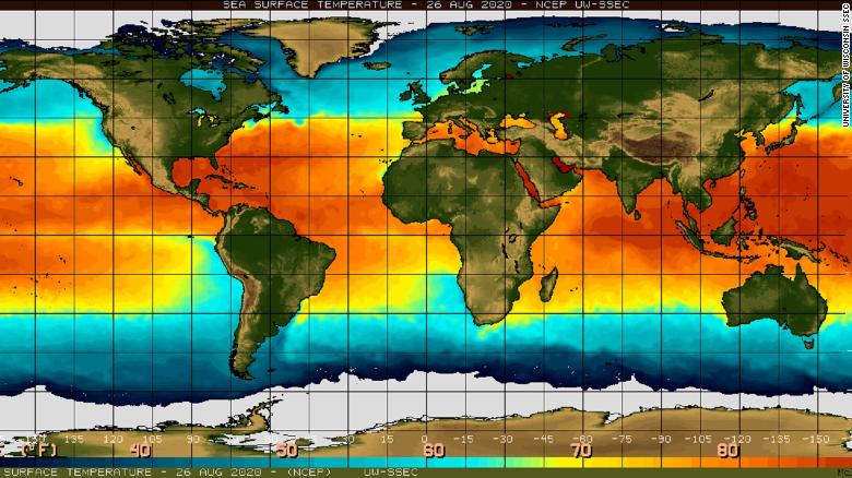 Temperatura da superfície dos mares em 26 de agosto.