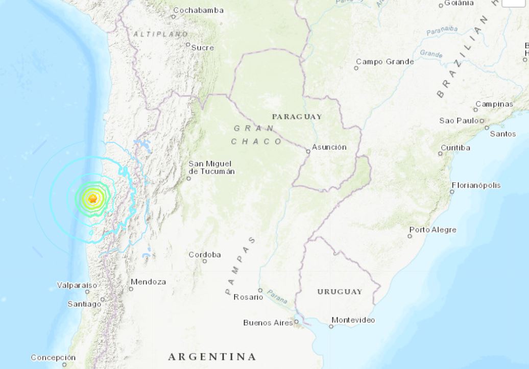 Localização do hipocentro de terremotos na região do Atacama