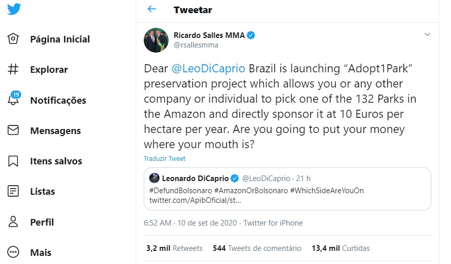 Ricardo Salles, questionou ator Leonardo DiCaprio pelo Twitter