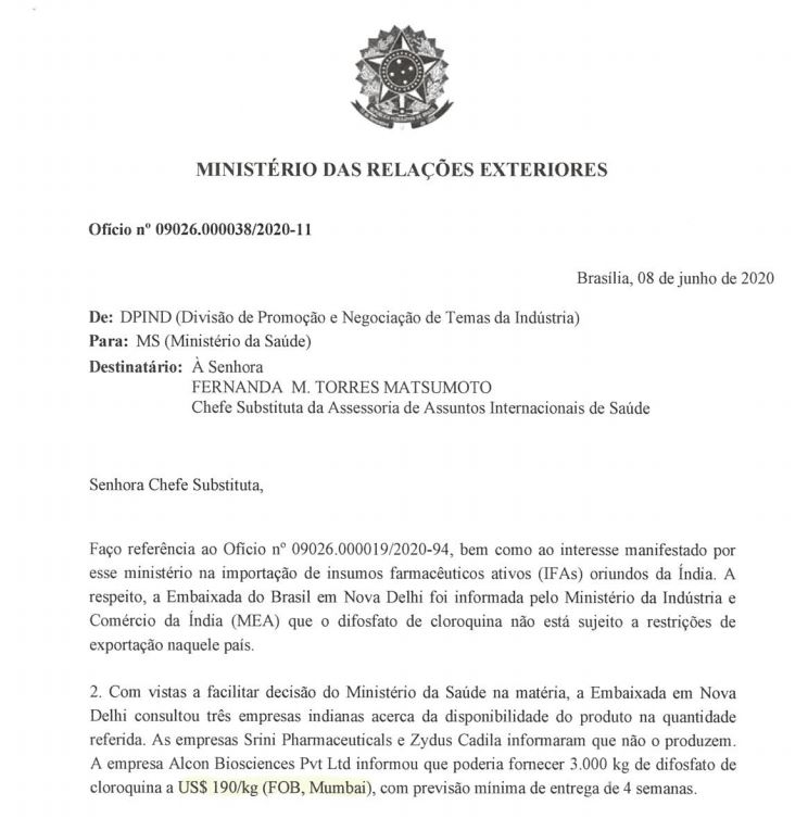 Ofício do Ministério das Relações Exteriores sobre cloroquina