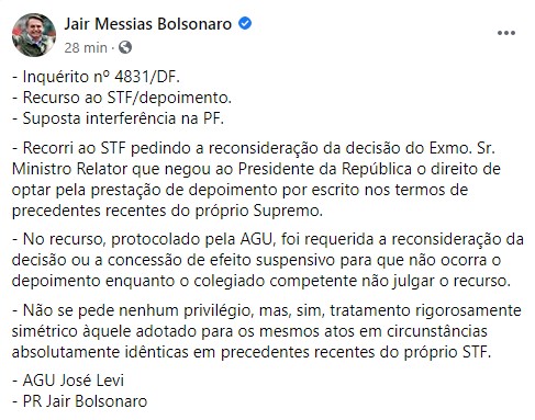 Publicação de Bolsonaro no Facebook