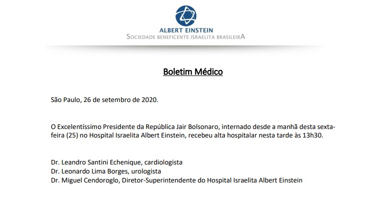 Boletim do hospital Albert Einstein confirma alta do presidente Jair Bolsonaro