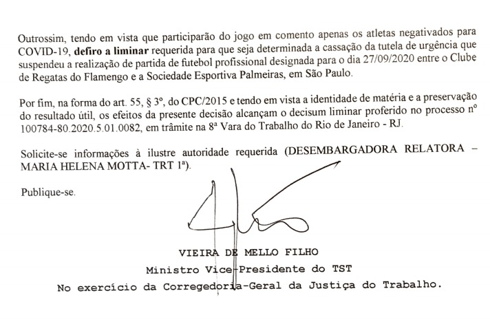 Liminar do TST autorizou realização da partida entre Flamengo e Palmeiras, em SP