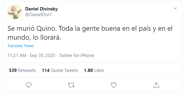 Tweet do editor de Quino anunciando sua morte