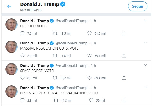 Mensagens publicadas por Trump em sua conta no Twitter, nesta segunda-feira (5)