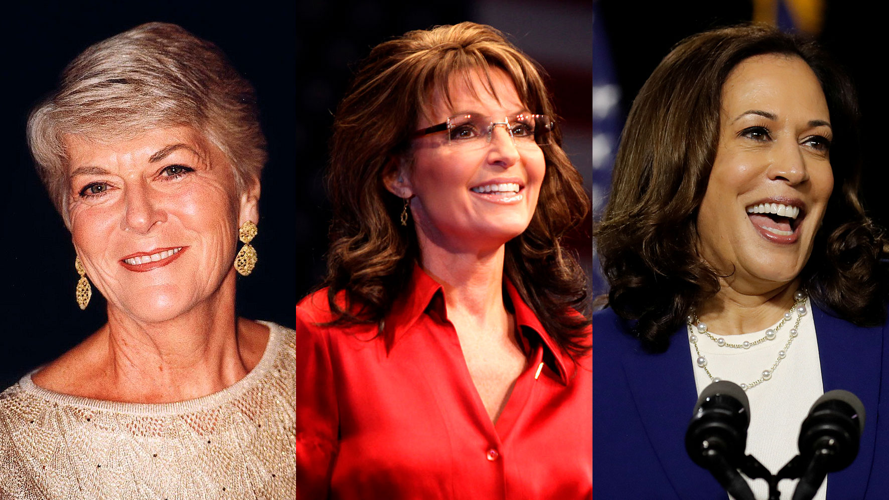 Da esquerda para a direita, Geraldine Ferraro, Sarah Palin e Kamala Harris