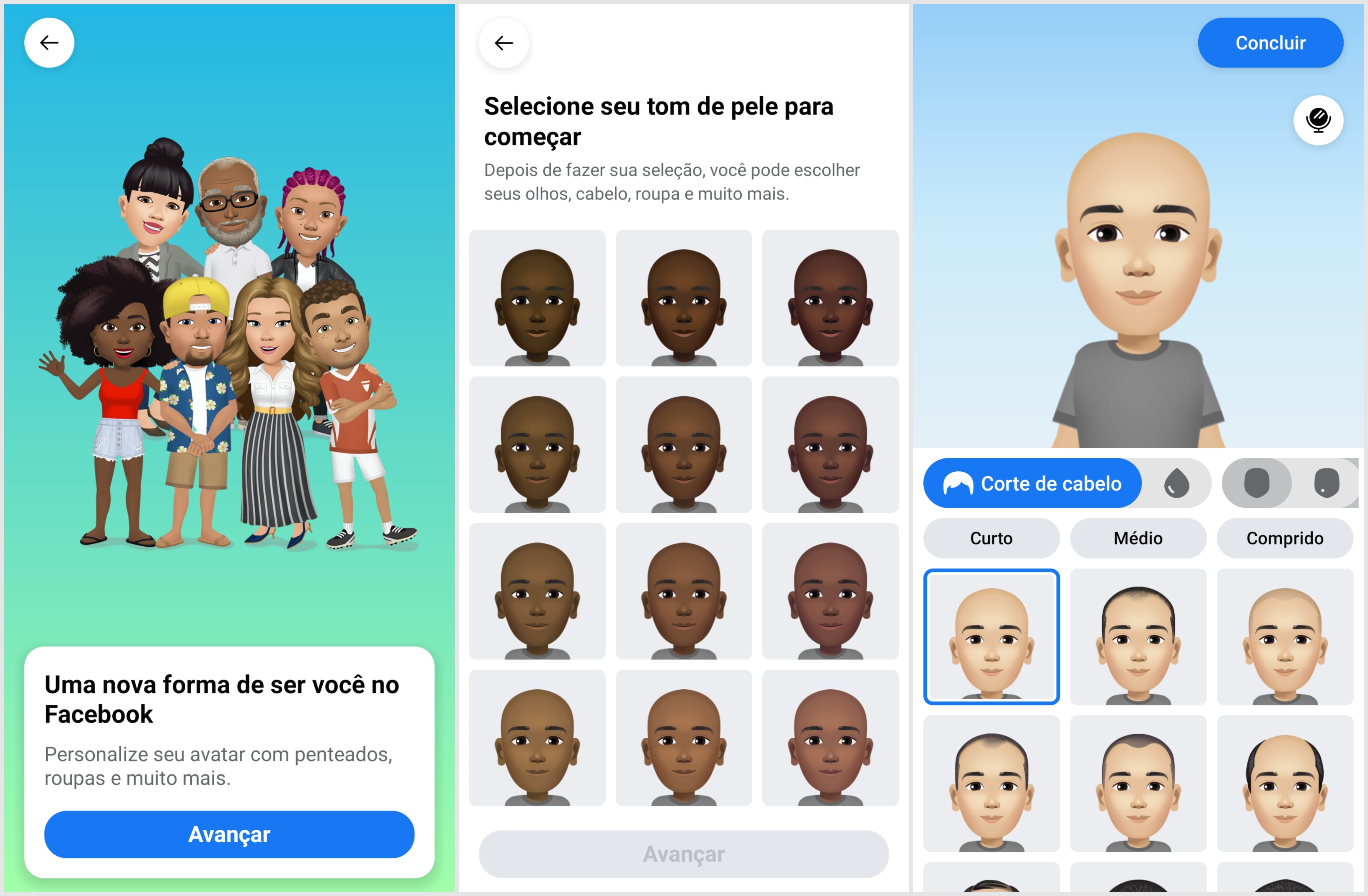 Algumas da telas da criação de um avatar no Facebook