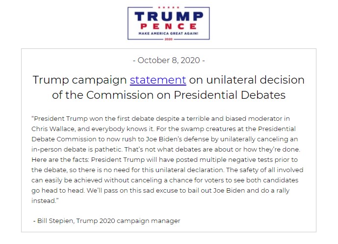 Comunicado da campanha de Trump diz que ele não participará de debate virtual