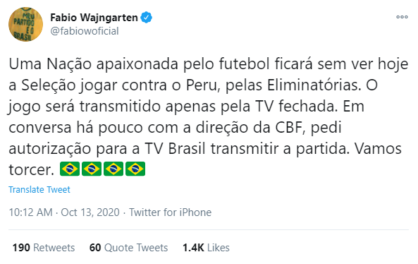 Postagem de Fabio Wajngarten em rede social sobre a partida