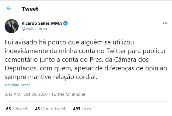 Ricardo Salles postou mensagem no Twitter