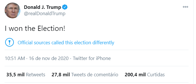 Publicação de Trump no Twitter em 16/11/2020