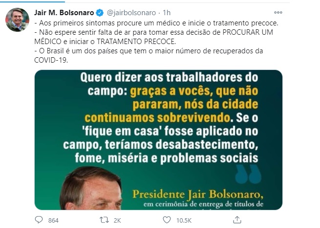 Publicação do presidente Jair Bolsonaro sobre tratamento precoce contra Covid-19