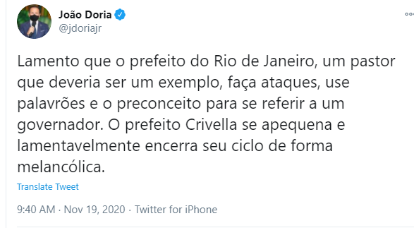 Publicação de João Doria em rede social, no dia 19/11/2020