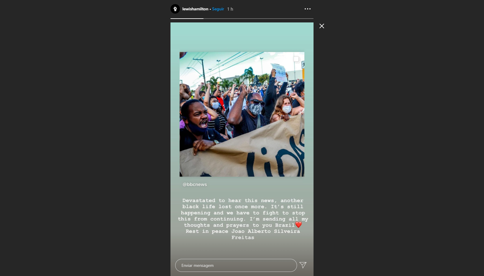 Publicação de Lewis Hamilton no Instagram lamenta morte de João Alberto