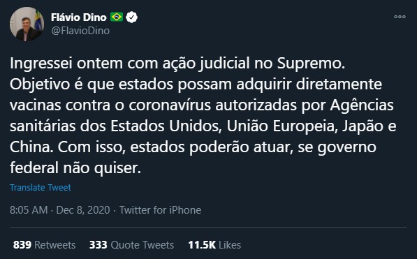 Tuíte do Flávio Dino sobre ação no STF