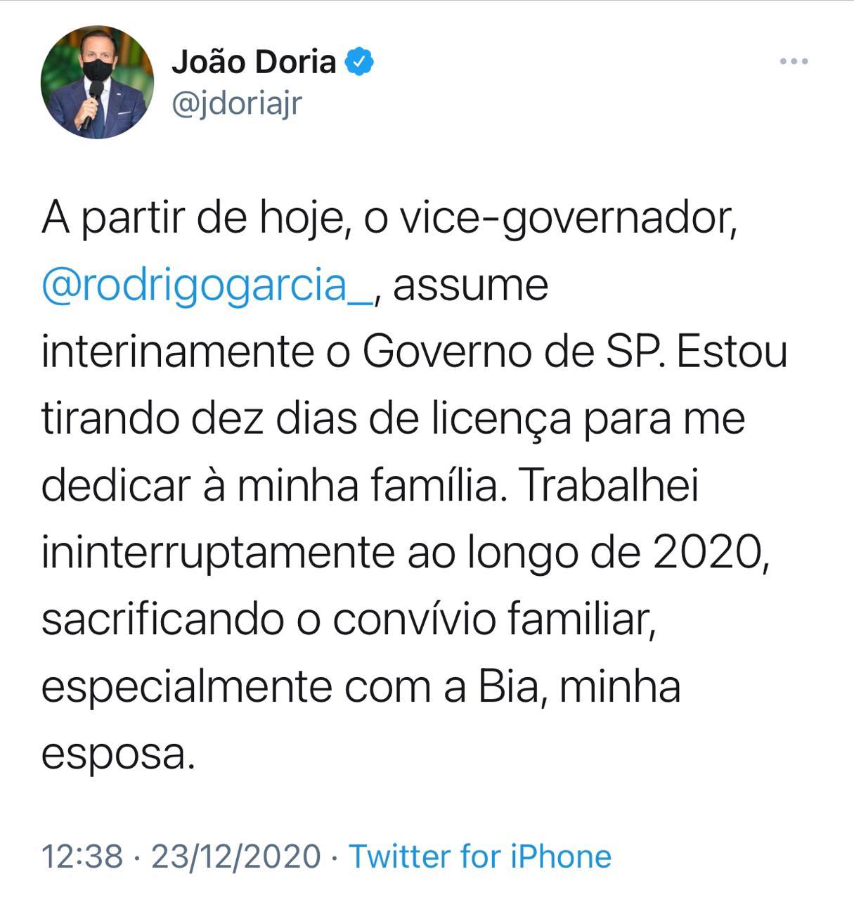 Tuíte de João Doria