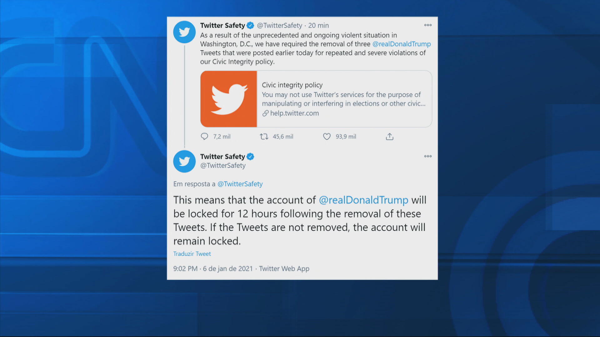 Twitter bloqueia conta de Trump por 12 horas