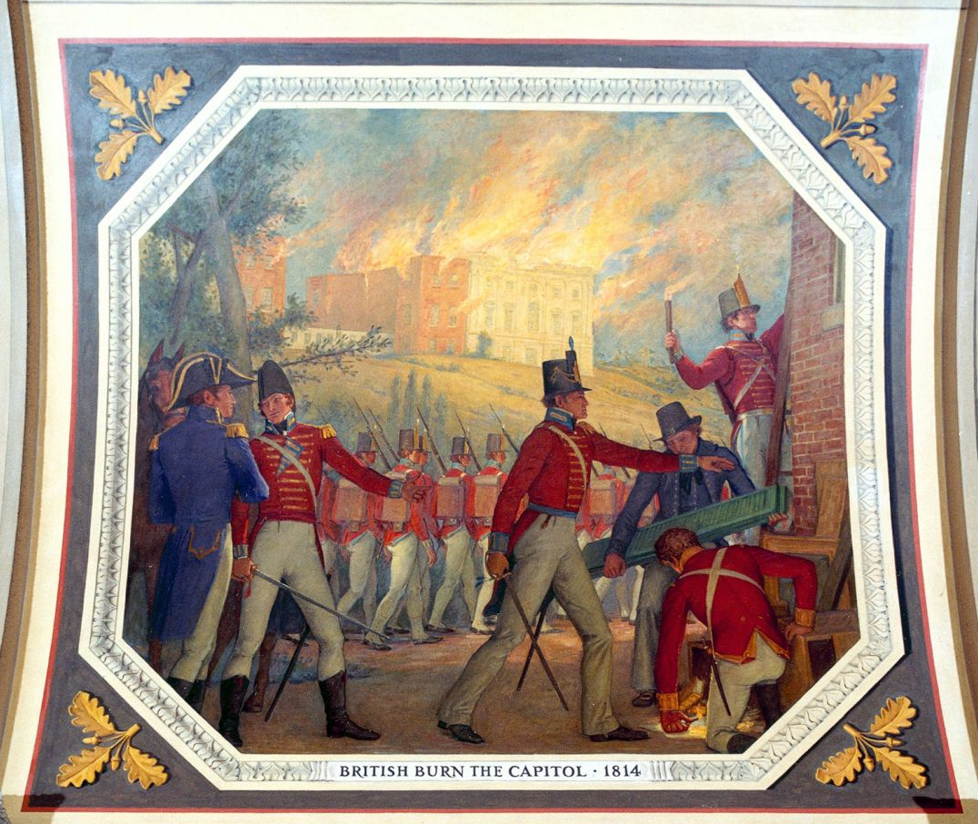 Pintura na Câmara retrata o incêndio do Capitólio dos EUA em 1814 por tropas bri