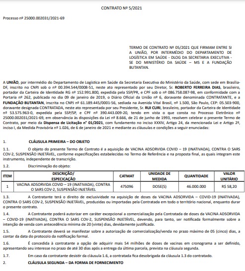 Contrato do governo federal para compra da Coronavac