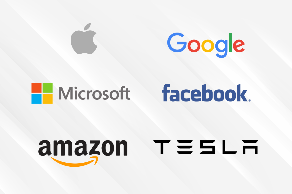 Logos das "big techs": Apple, Google, Microsoft, Facebook, Amazon e Tesla