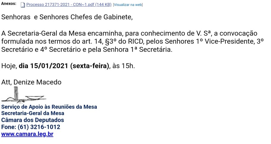 Mensagem encaminhada pela Secretaria Geral da Mesa com a convocação