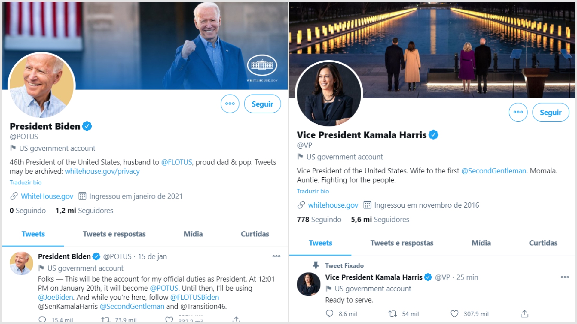 Biden e Kamala assumiram as contas de presidente dos EUA e vice no Twitter