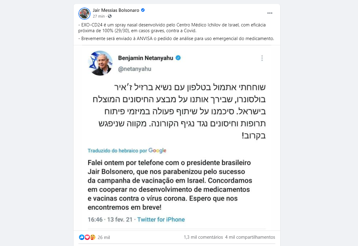 Bolsonaro compartilhou mensagem de Netanyahu sobre cooperação médica contra a Co