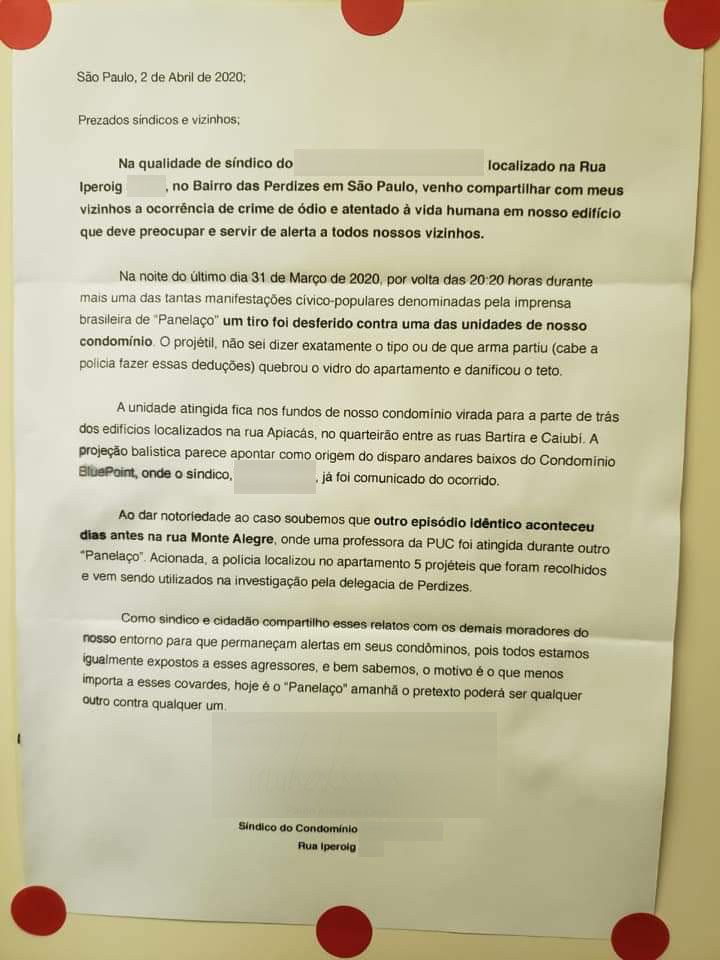 Nota do síndico do condomínio comunica tiros disparados durante panelaço