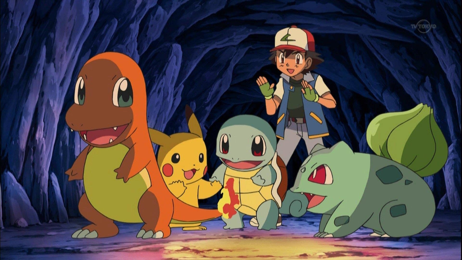 Ash, Pikachu, Squirtle, Bubassauro e Charmander em cena de Pokemon