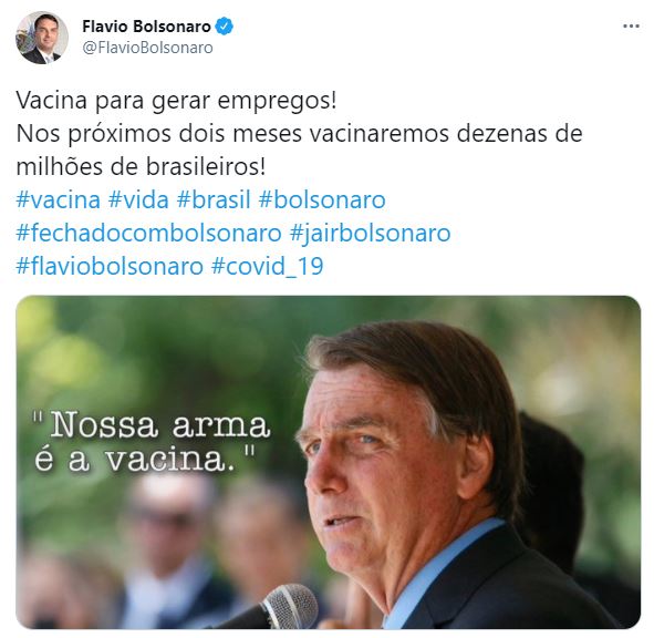 Flávio Bolsonaro divulgou imagem defendendo a vacinação no país
