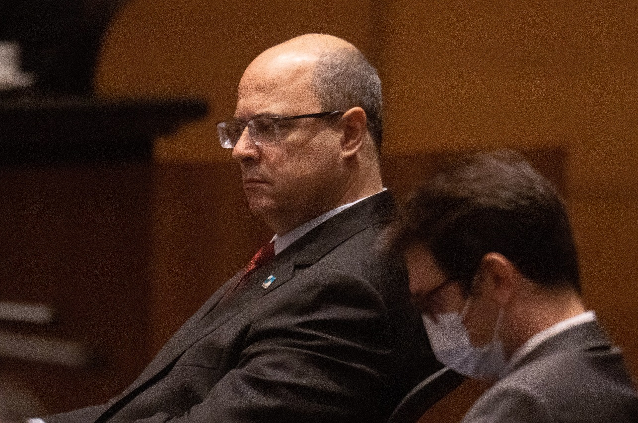 O governador afastado do Rio de Janeiro, Wilson Witzel (PSC), durante depoimento