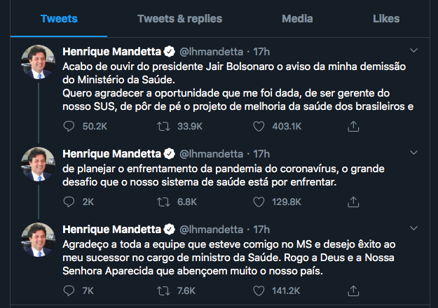 Captura de tela de Twitter de Mandetta sobre a demissão do Ministério da Saúde