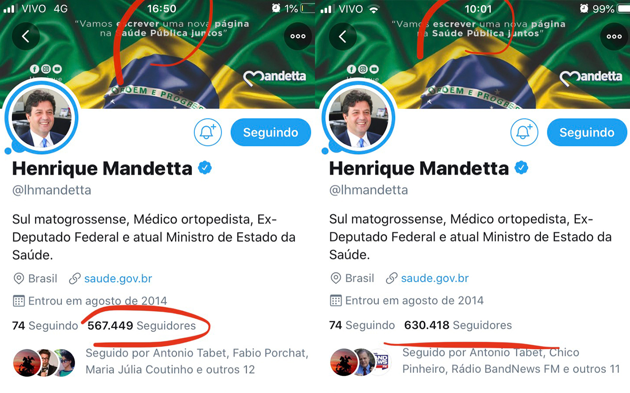 Captura de tela mostra aumento de seguidores do perfil de Mandetta no Twitter