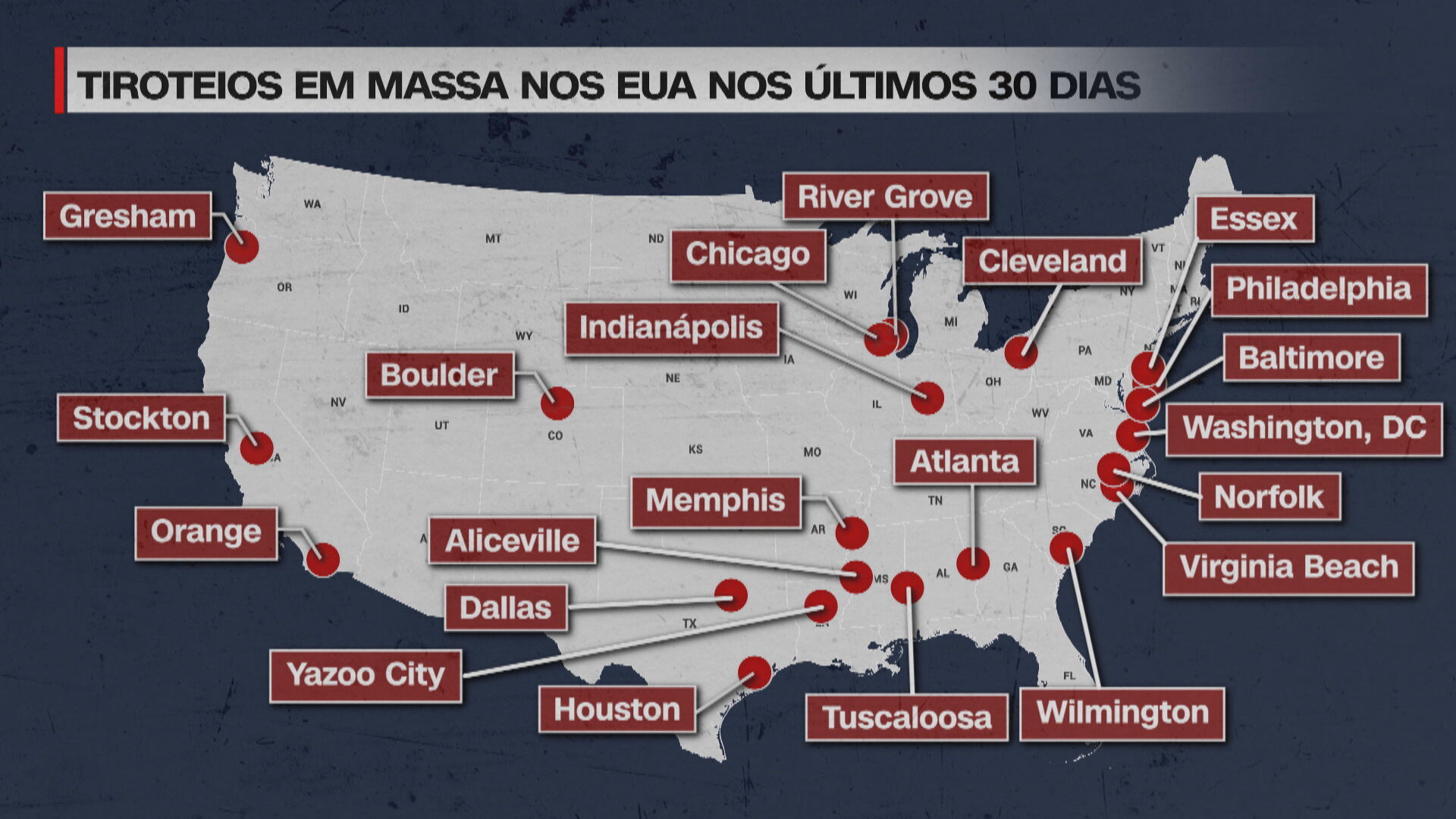 Mapa com o tiroteios em massa nos EUA nos últimos 30 dias
