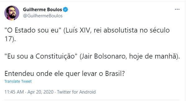 Tuíte de Boulos sobre Jair Bolsonaro