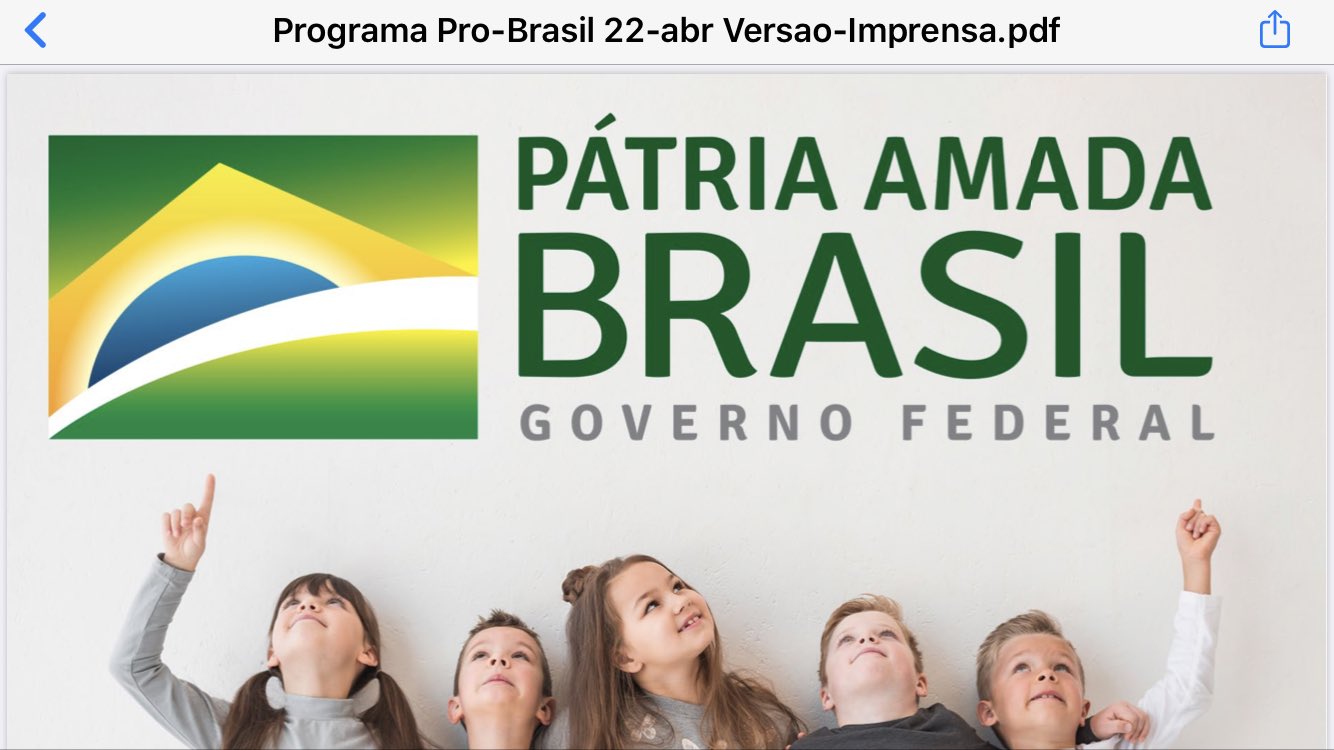 Sob o slogan “Pátria Amada Brasil”, crianças brancas no material do Pró-Brasil.