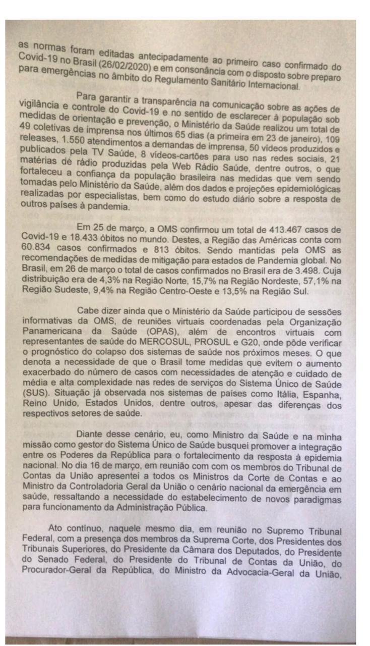 Segunda parte da carta enviada pelo então ministro Luiz Henrique Mandetta 