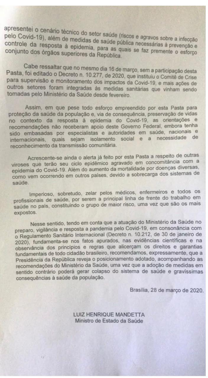 Terceira parte da carta enviada pelo então ministro Luiz Henrique Mandetta