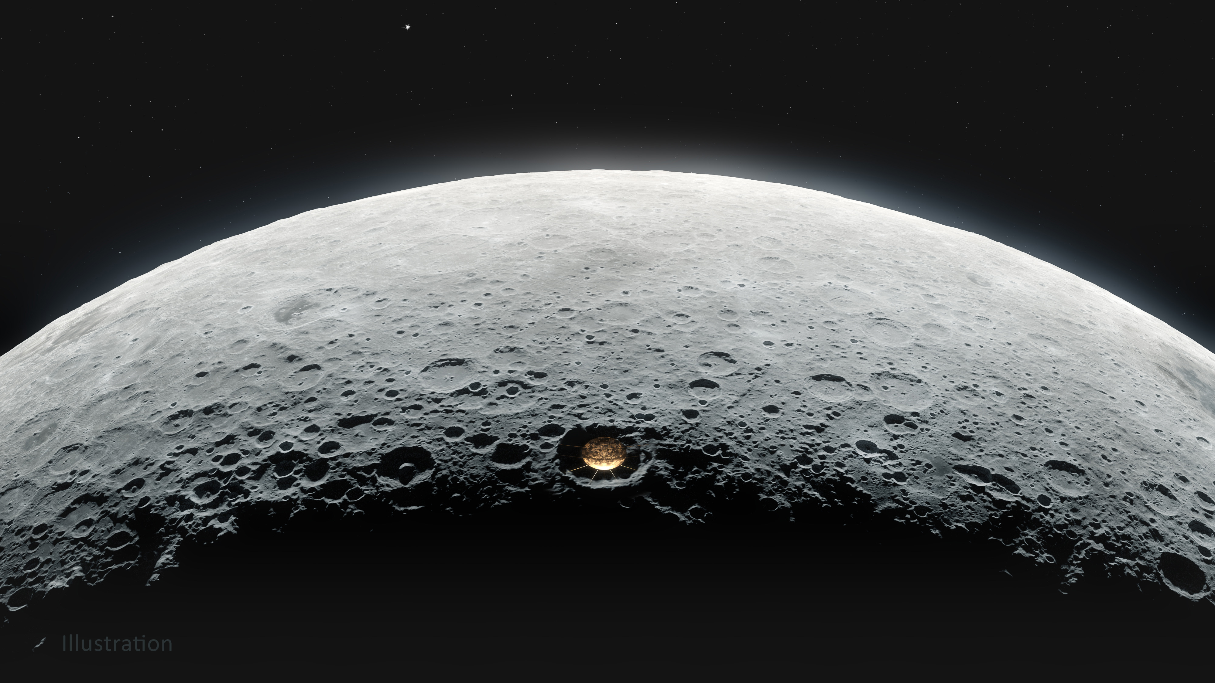Visualização de como seria um radiotelescópio em cratera no lado oculto da lua