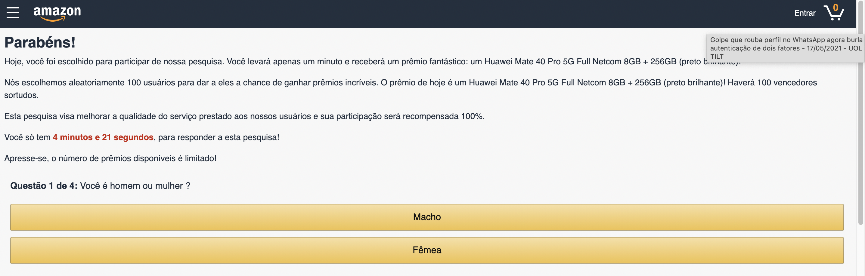 Site falso da Amazon; golpe no WHatsApp