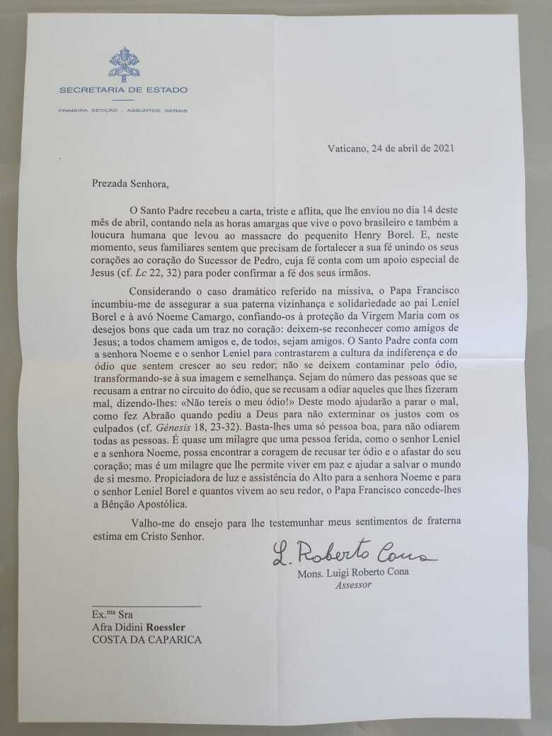 Papa Francisco manifesta solidariedade em carta ao pai de menino Henry