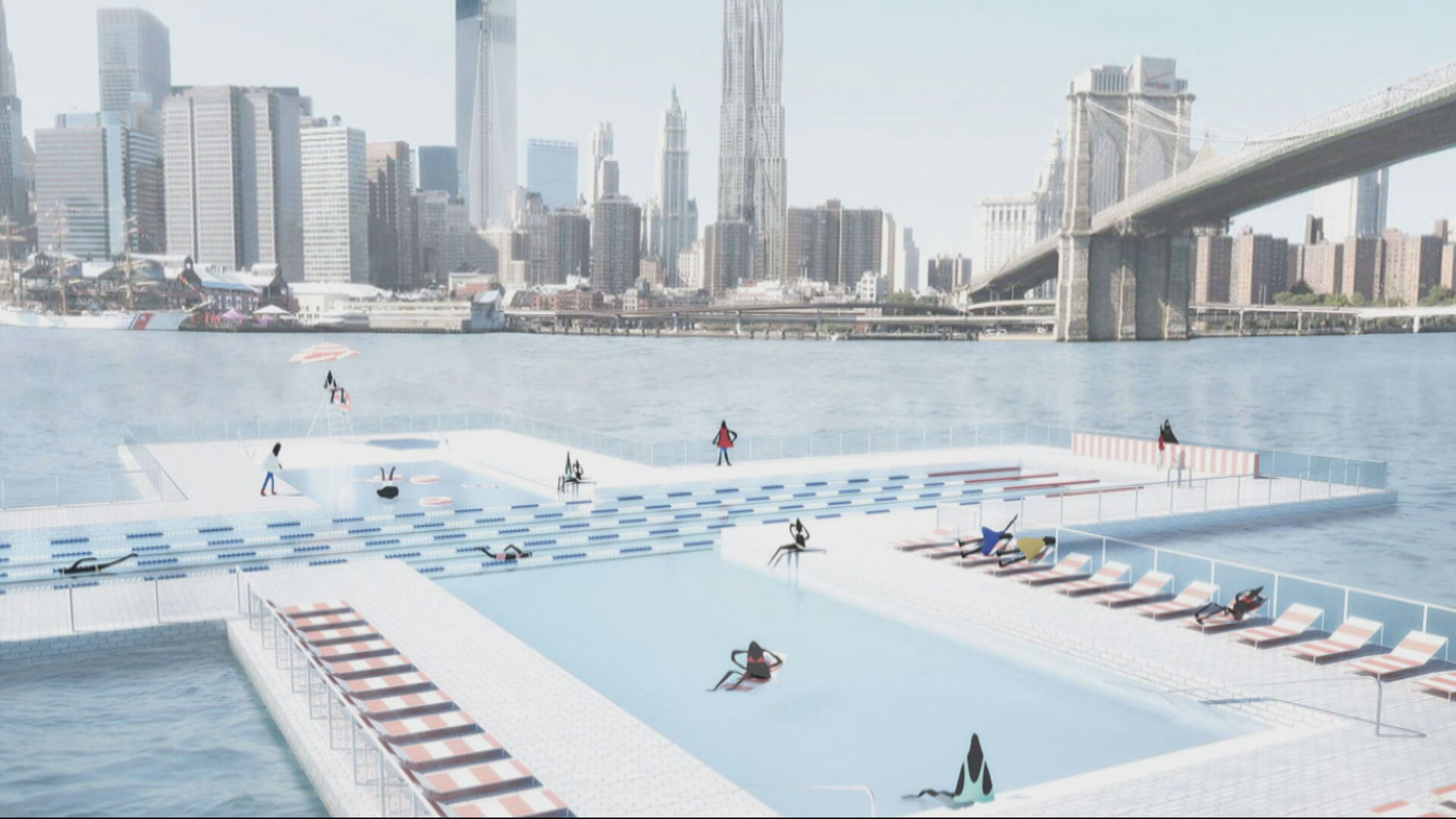 Piscina flutuante ao norte da ponte de Manhattan, Nova York (21 de maio de 2021)