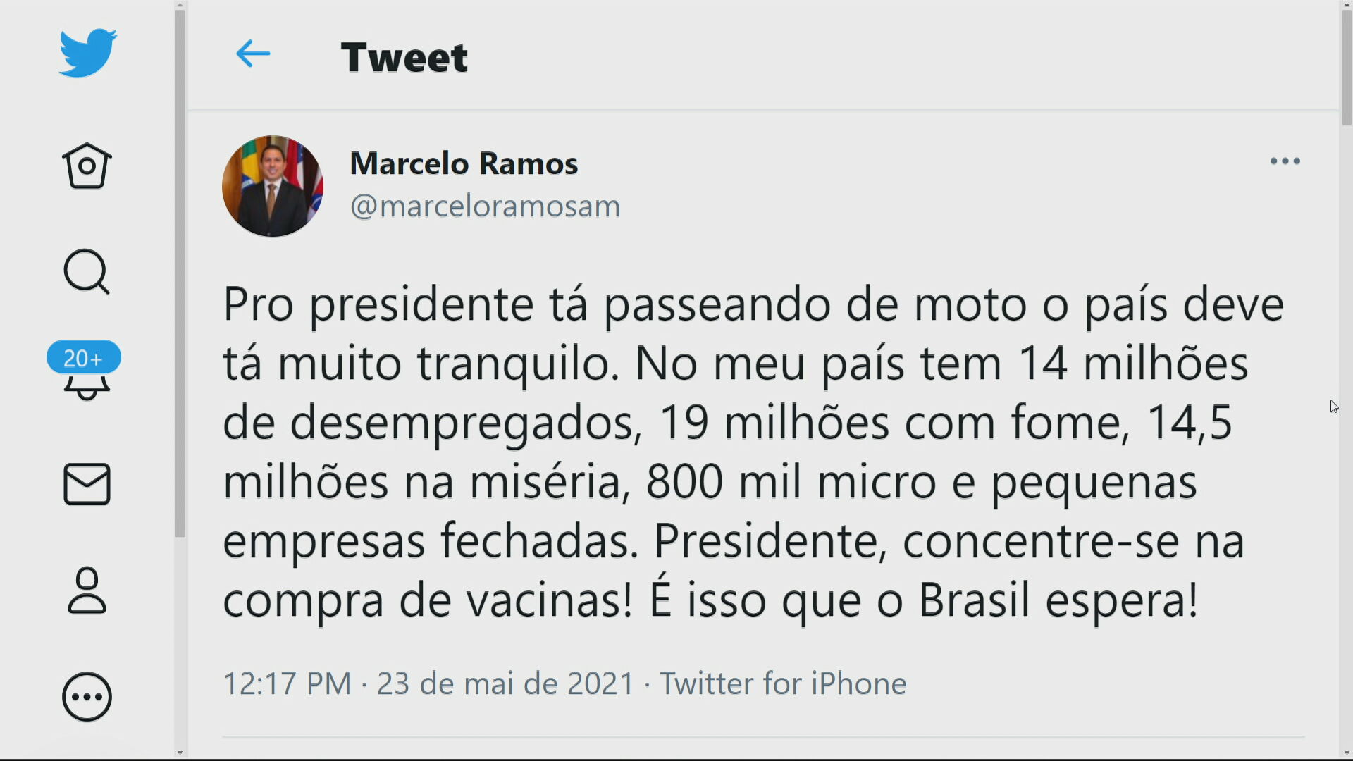 Tweet Deputado Federal Marcelo Ramos (PL-AM)