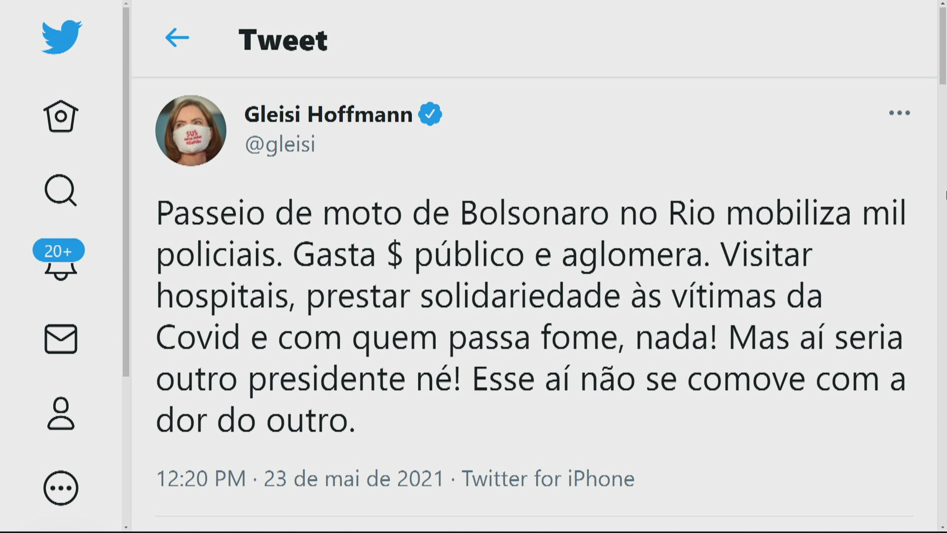 Tweet Deputada Federal Gleisi Hoffmann (PT-PR)