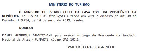 Nomeação de Dante Mantovani no Diário Oficial da União de 5 de maio de 2020