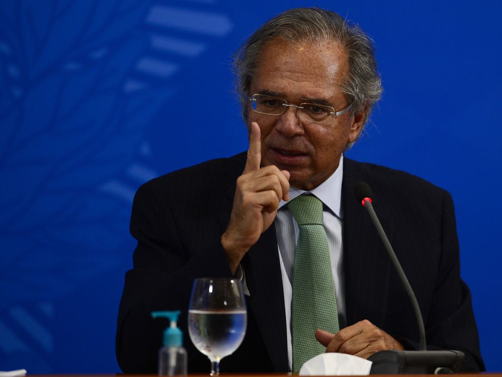 O ministro da Economia Paulo Guedes durante a coletiva de 500 dias do governo